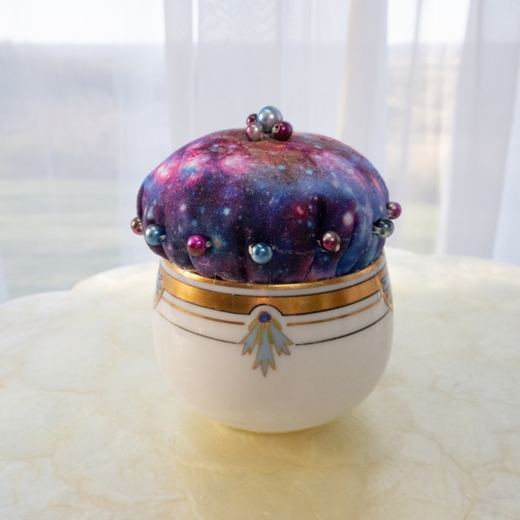 Galaxy Teacup Pincushion Hand Sewn With Craft Pearls Upcycled Austrian Cup NWOT - Picture 4 of 15
